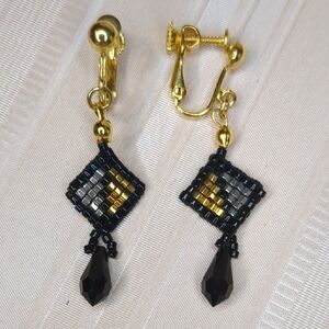 Art Deco Style Beaded Dangle Earrings Black Gold Silver Screw-back Diamond Shape